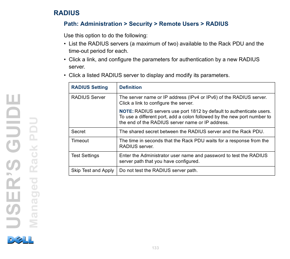 Radius, User’s guide | Dell Managed PDU LED User Manual | Page 138 / 244