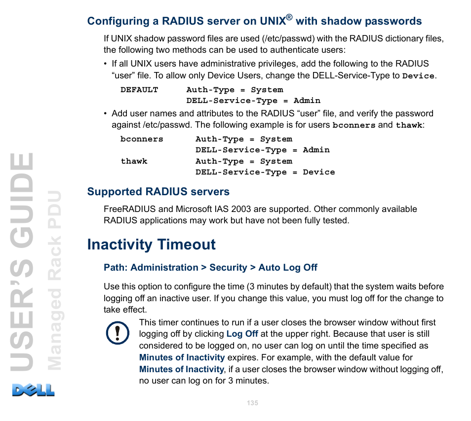 Supported radius servers, Inactivity timeout, User’s guide | Dell Managed PDU LED User Manual | Page 140 / 244