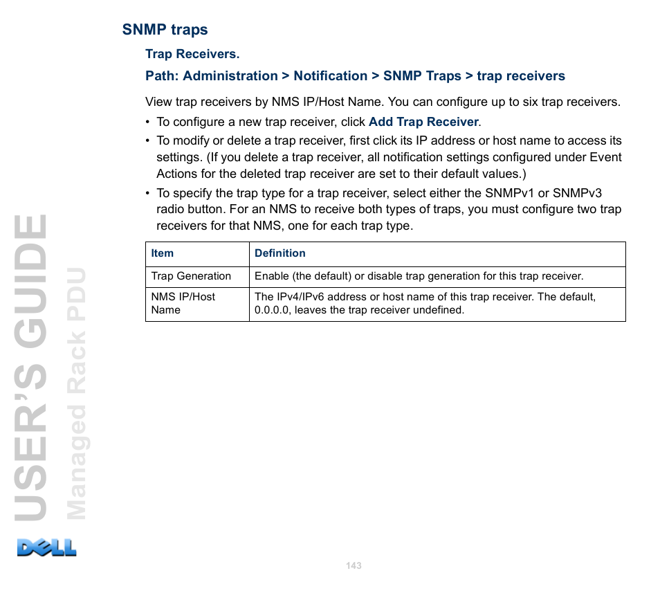 Snmp traps, User’s guide | Dell Managed PDU LED User Manual | Page 148 / 244
