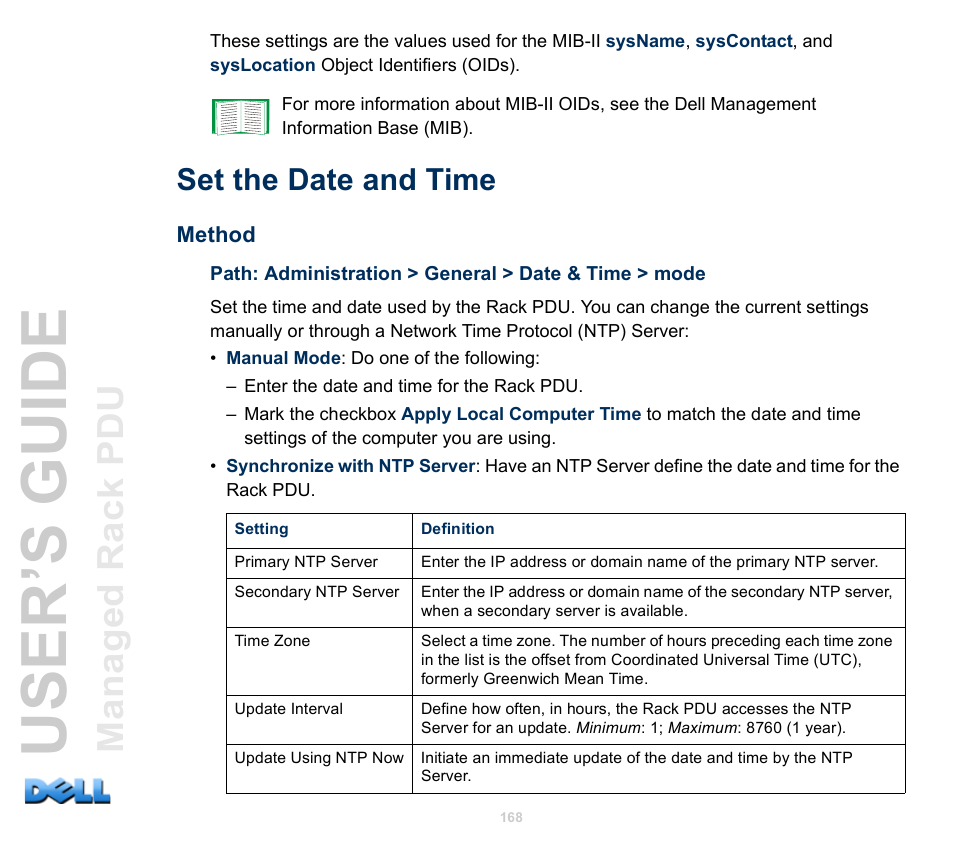 Set the date and time, Method, User’s guide | Dell Managed PDU LED User Manual | Page 173 / 244