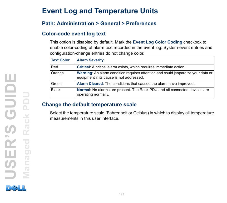 Event log and temperature units, Color-code event log text, Change the default temperature scale | User’s guide | Dell Managed PDU LED User Manual | Page 176 / 244
