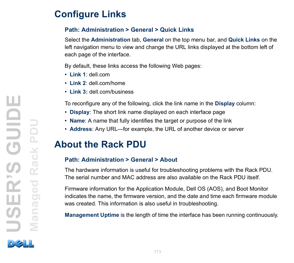 Configure links, About the rack pdu, User’s guide | Dell Managed PDU LED User Manual | Page 178 / 244
