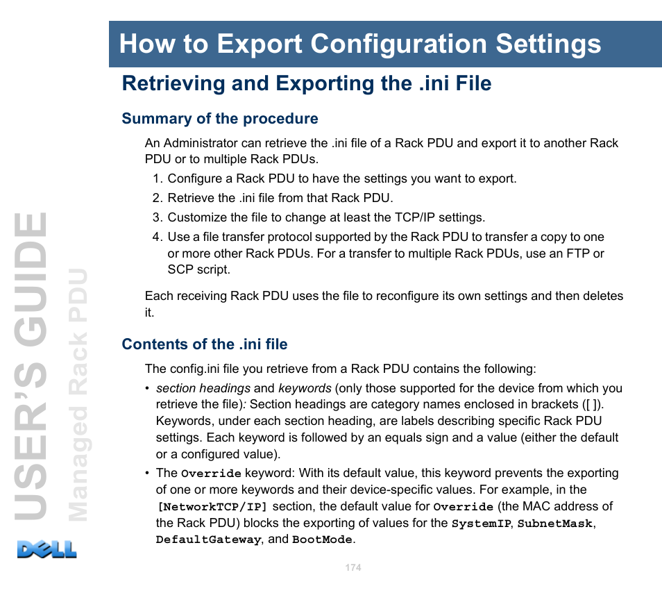 How to export configuration settings, Retrieving and exporting the .ini file, Summary of the procedure | Contents of the .ini file, User’s guide | Dell Managed PDU LED User Manual | Page 179 / 244