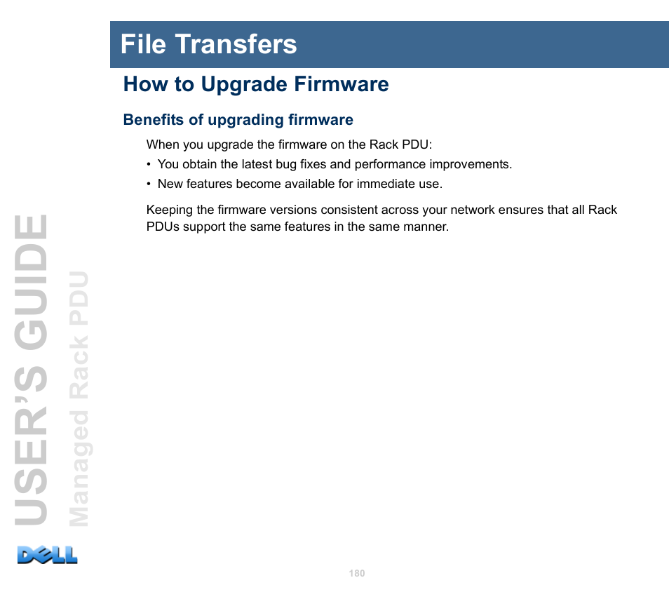 File transfers, How to upgrade firmware, Benefits of upgrading firmware | User’s guide | Dell Managed PDU LED User Manual | Page 185 / 244