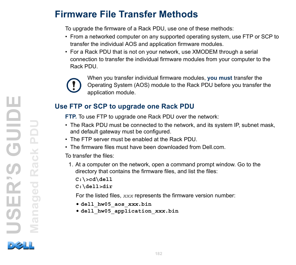 Firmware file transfer methods, Use ftp or scp to upgrade one rack pdu, User’s guide | Dell Managed PDU LED User Manual | Page 187 / 244