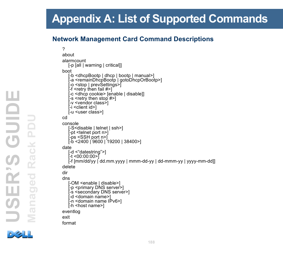 Appendix a: list of supported commands, Network management card command descriptions, User’s guide | Dell Managed PDU LED User Manual | Page 193 / 244