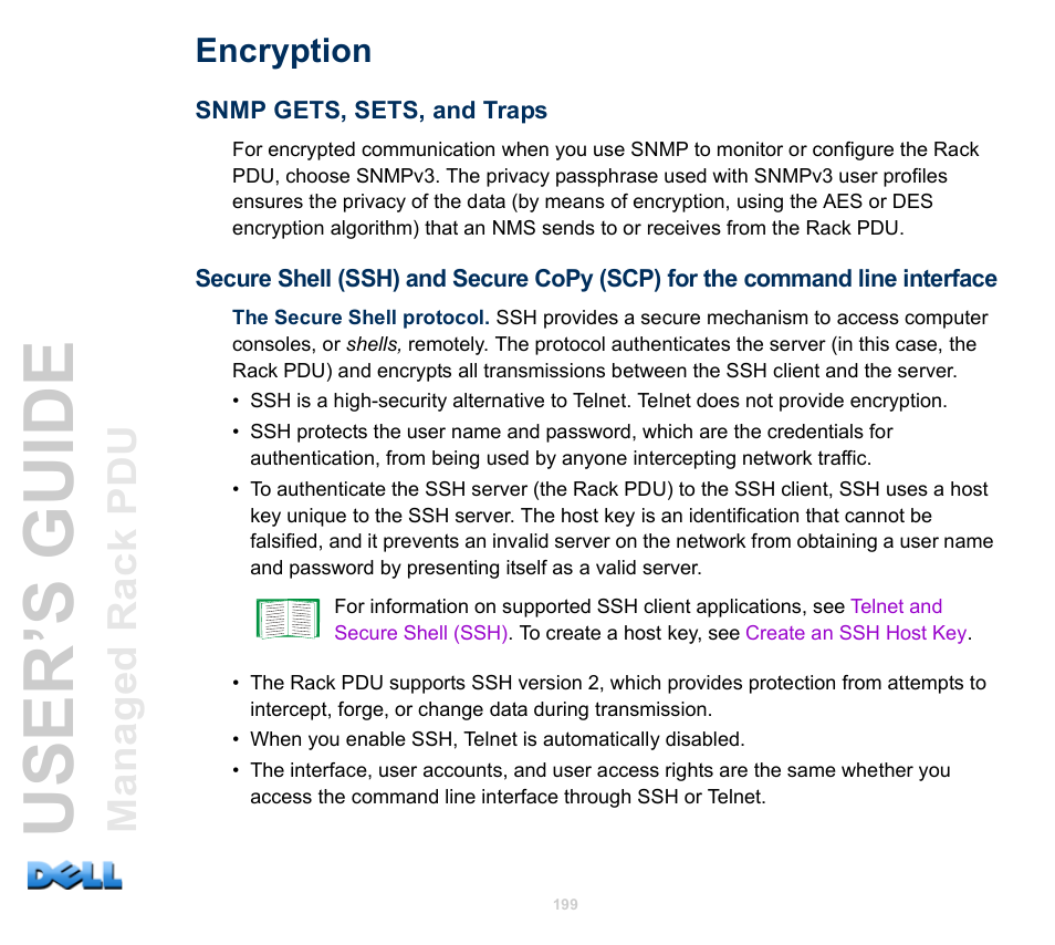 Encryption, Snmp gets, sets, and traps, User’s guide | Dell Managed PDU LED User Manual | Page 204 / 244