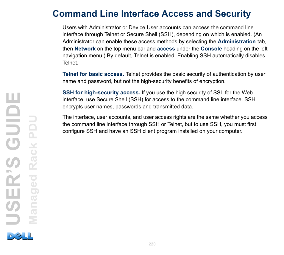 Command line interface access and security, User’s guide | Dell Managed PDU LED User Manual | Page 225 / 244