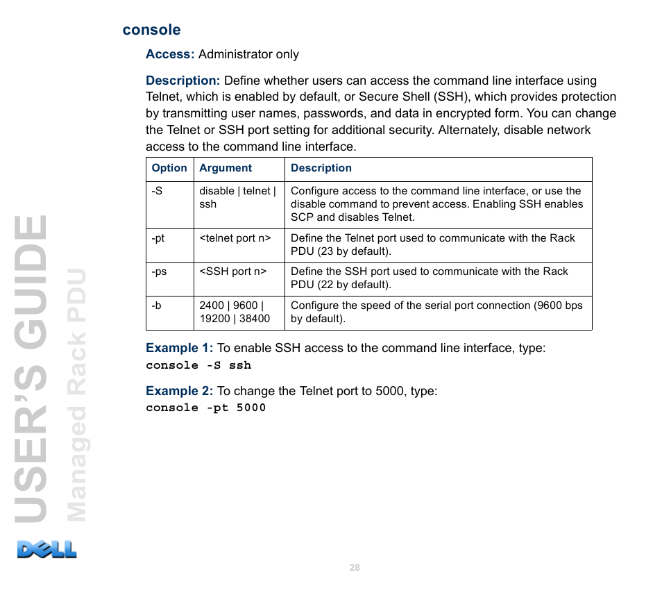 Console, User’s guide | Dell Managed PDU LED User Manual | Page 33 / 244