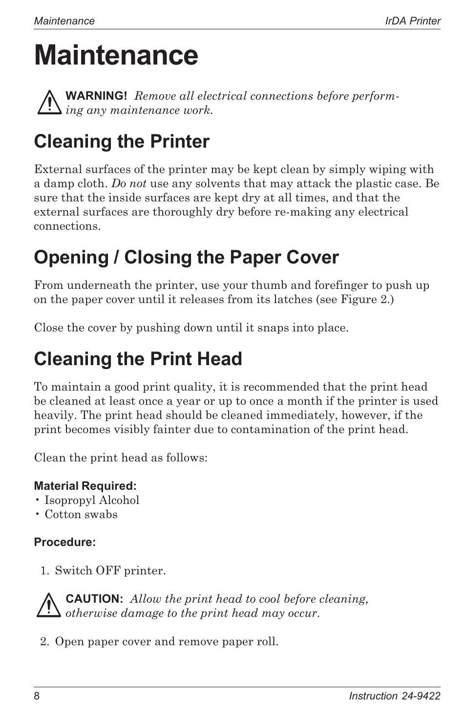 Maintenance, Cleaning the printer, Opening / closing the paper cover | Cleaning the print head | Bacharach 24-9422 User Manual | Page 12 / 16