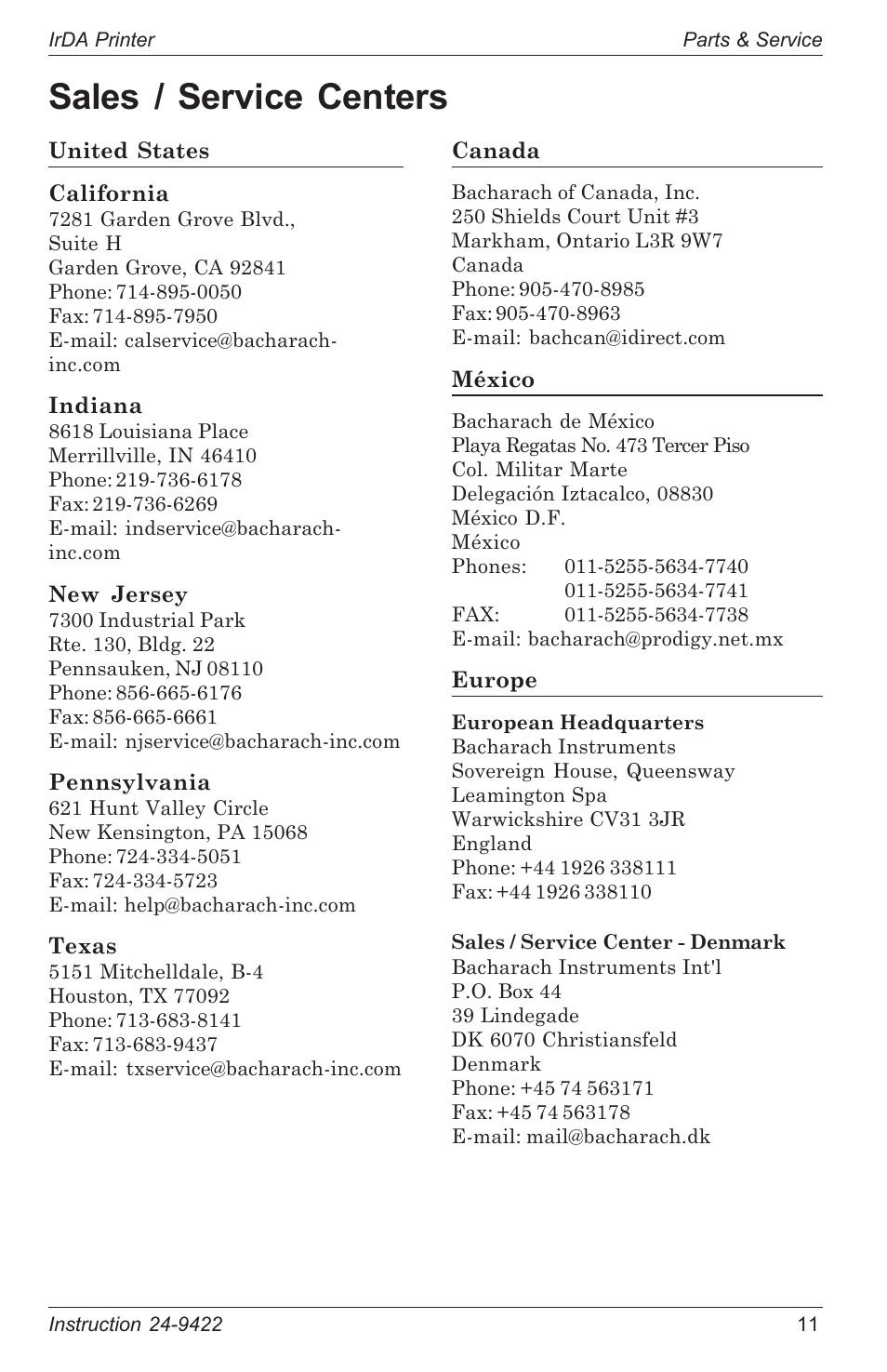 Sales / service centers | Bacharach 24-9422 User Manual | Page 15 / 16