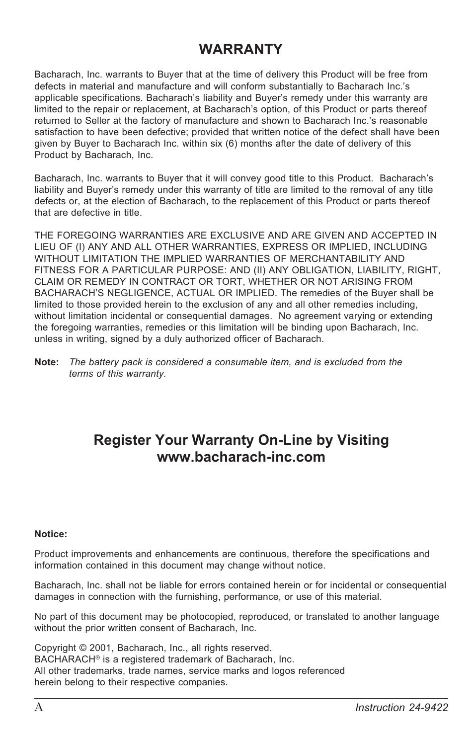 Warranty | Bacharach 24-9422 User Manual | Page 2 / 16