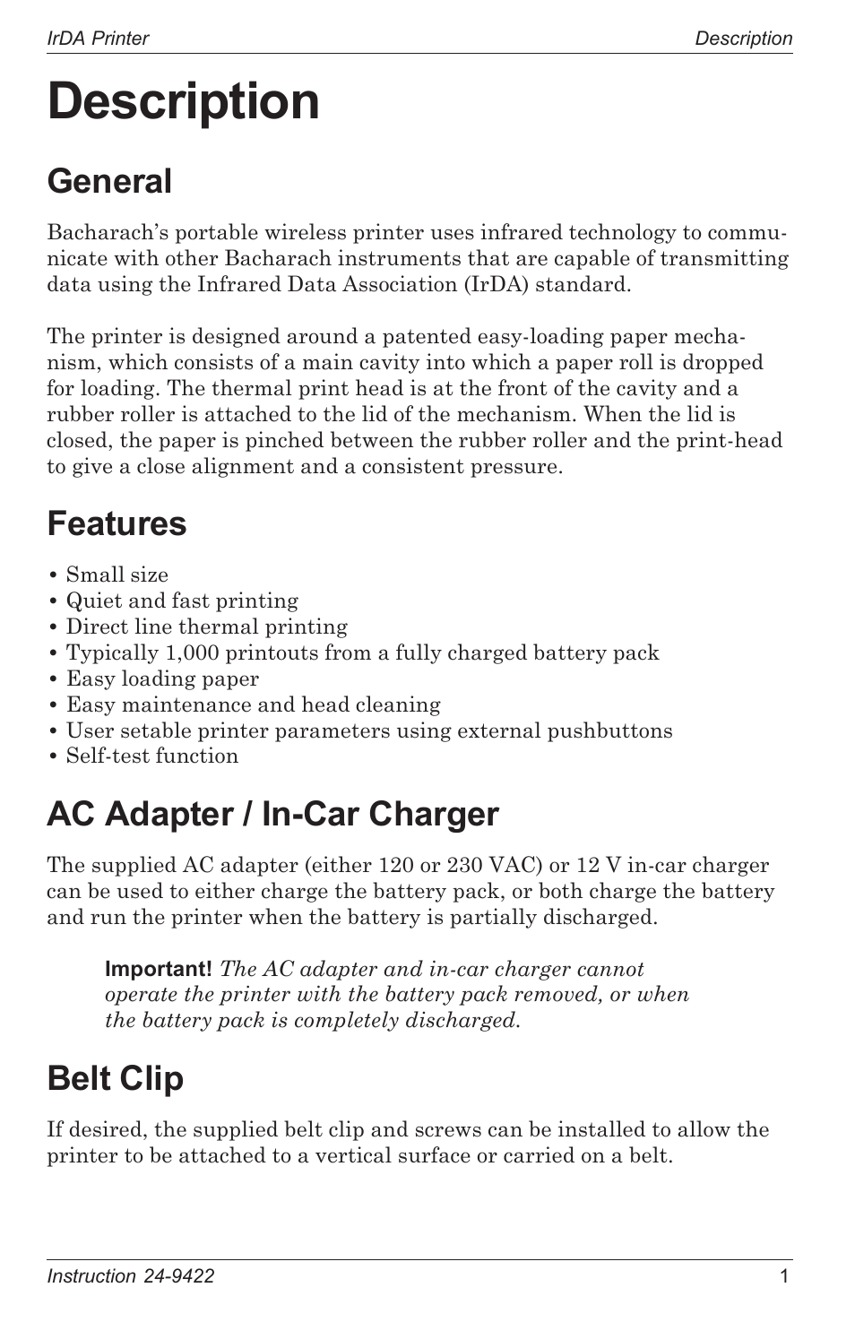 Description, General, Features | Battery charger / power supply, Belt clip, Power switch, Indicator leds, Ac adapter / in-car charger | Bacharach 24-9422 User Manual | Page 5 / 16