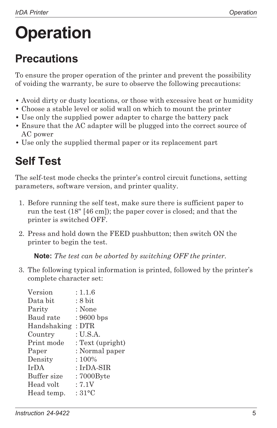 Operation, Precautions, Self test | Set-up mode | Bacharach 24-9422 User Manual | Page 9 / 16