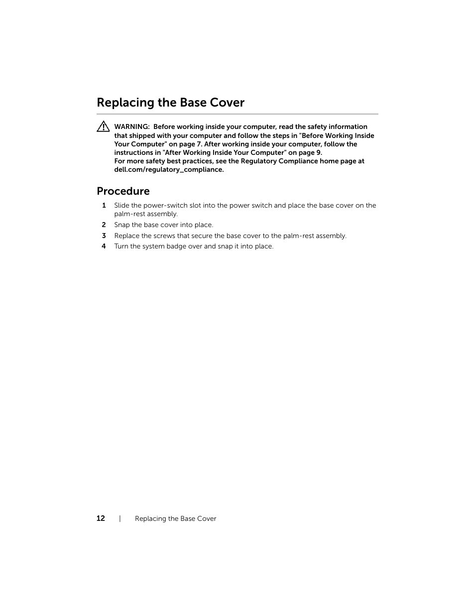 Replacing the base cover, Procedure | Dell XPS 12 (9Q33, Mid 2013) User Manual | Page 12 / 56