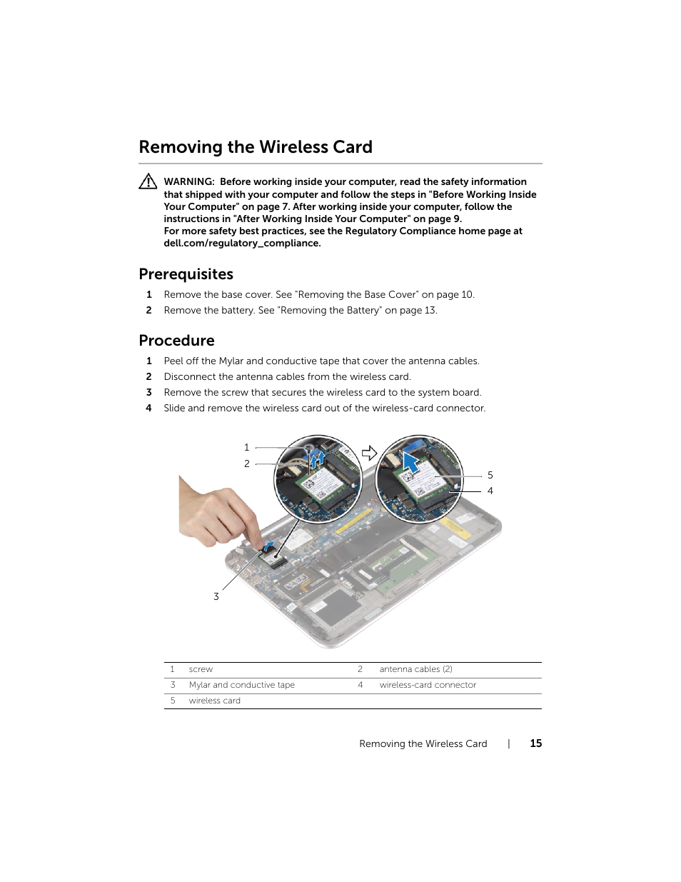 Removing the wireless card, Prerequisites, Procedure | Dell XPS 12 (9Q33, Mid 2013) User Manual | Page 15 / 56
