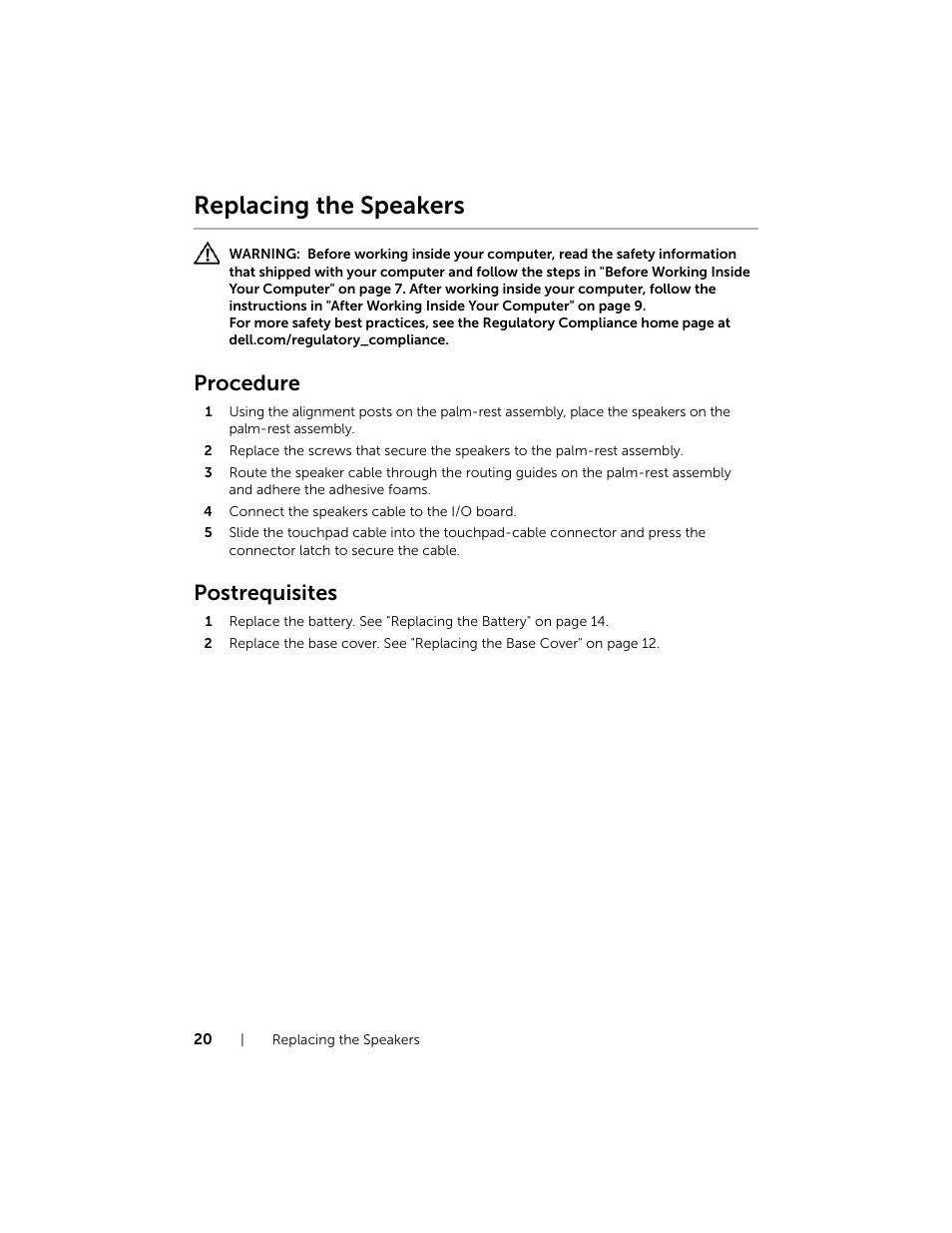 Replacing the speakers, Procedure, Postrequisites | Dell XPS 12 (9Q33, Mid 2013) User Manual | Page 20 / 56