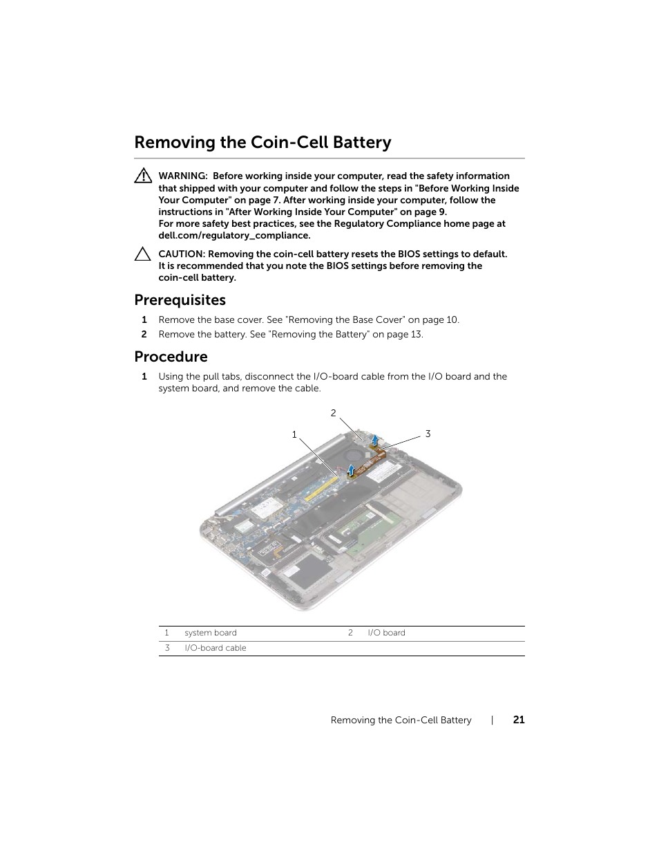 Removing the coin-cell battery, Prerequisites, Procedure | Dell XPS 12 (9Q33, Mid 2013) User Manual | Page 21 / 56