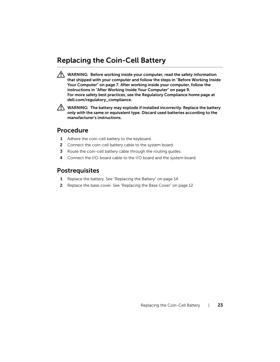 Replacing the coin-cell battery, Procedure, Postrequisites | Dell XPS 12 (9Q33, Mid 2013) User Manual | Page 23 / 56