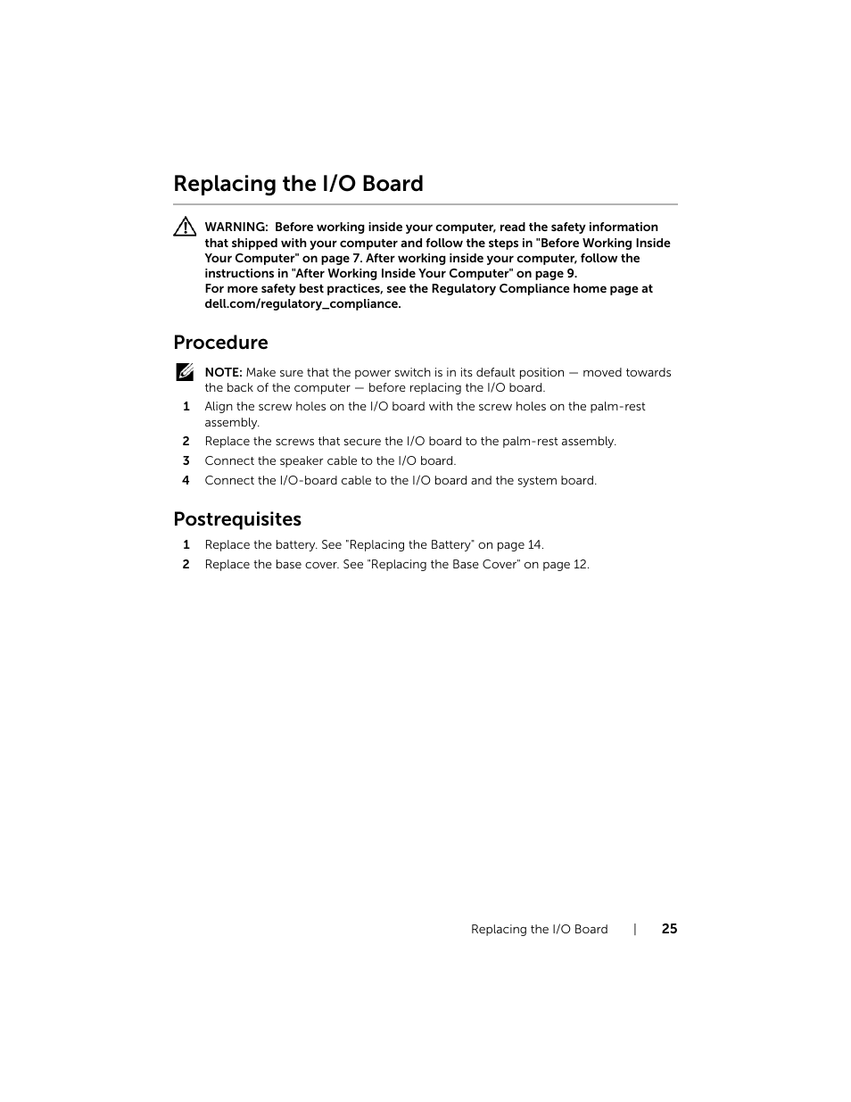 Replacing the i/o board, Procedure, Postrequisites | Dell XPS 12 (9Q33, Mid 2013) User Manual | Page 25 / 56