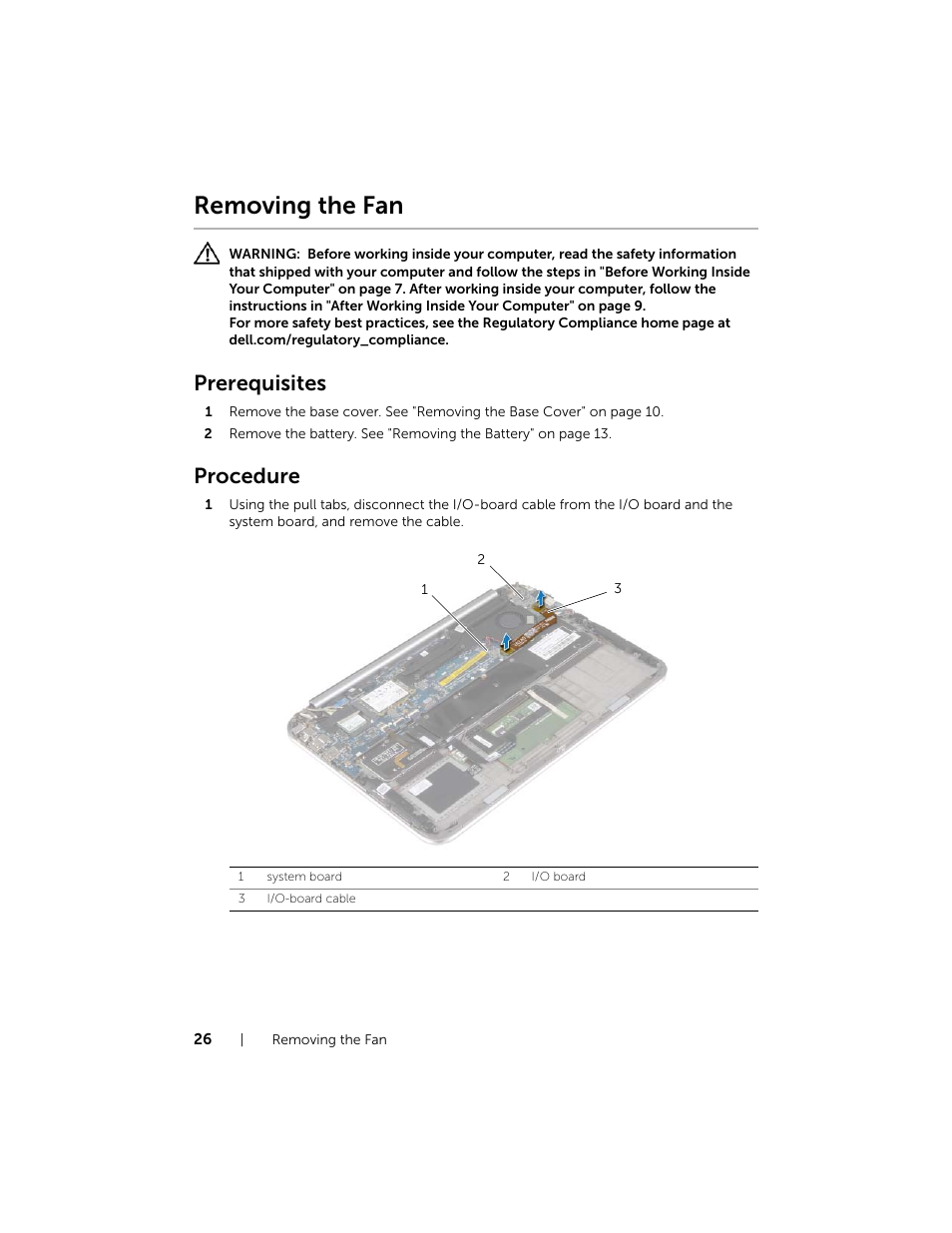 Removing the fan, Prerequisites, Procedure | Dell XPS 12 (9Q33, Mid 2013) User Manual | Page 26 / 56