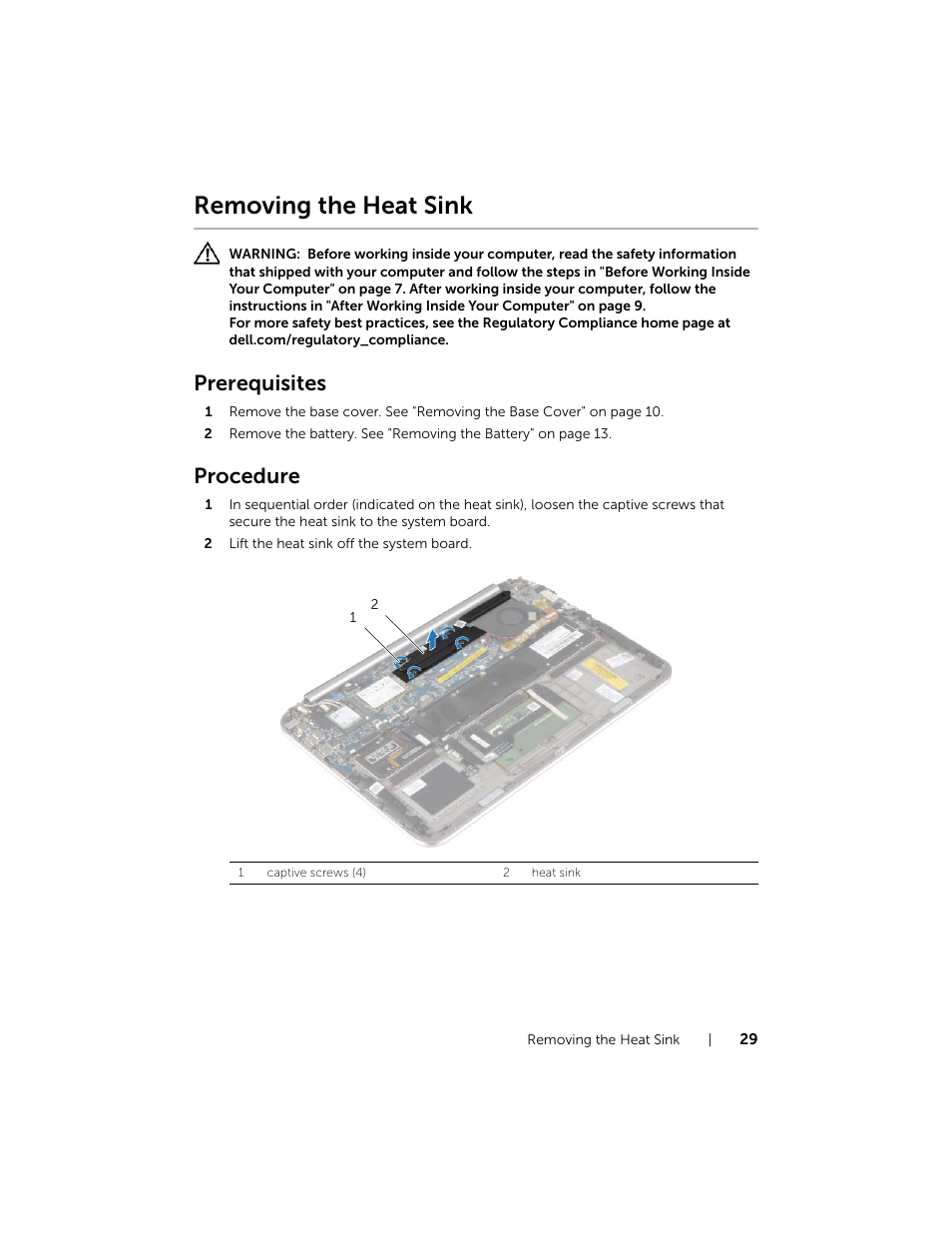 Removing the heat sink, Prerequisites, Procedure | Dell XPS 12 (9Q33, Mid 2013) User Manual | Page 29 / 56