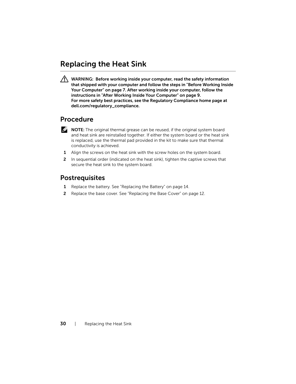 Replacing the heat sink, Procedure, Postrequisites | Dell XPS 12 (9Q33, Mid 2013) User Manual | Page 30 / 56