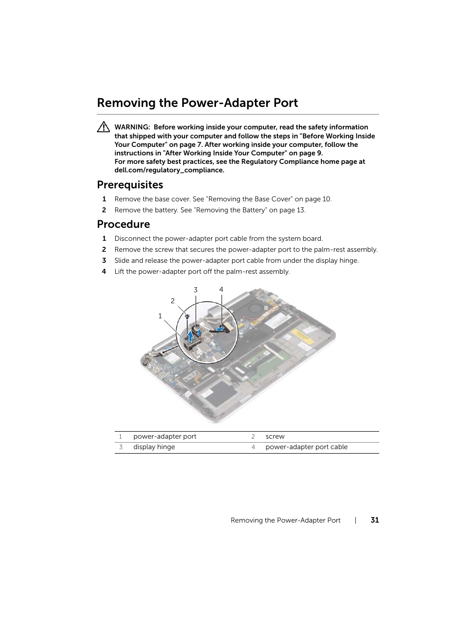 Removing the power-adapter port, Prerequisites, Procedure | Dell XPS 12 (9Q33, Mid 2013) User Manual | Page 31 / 56