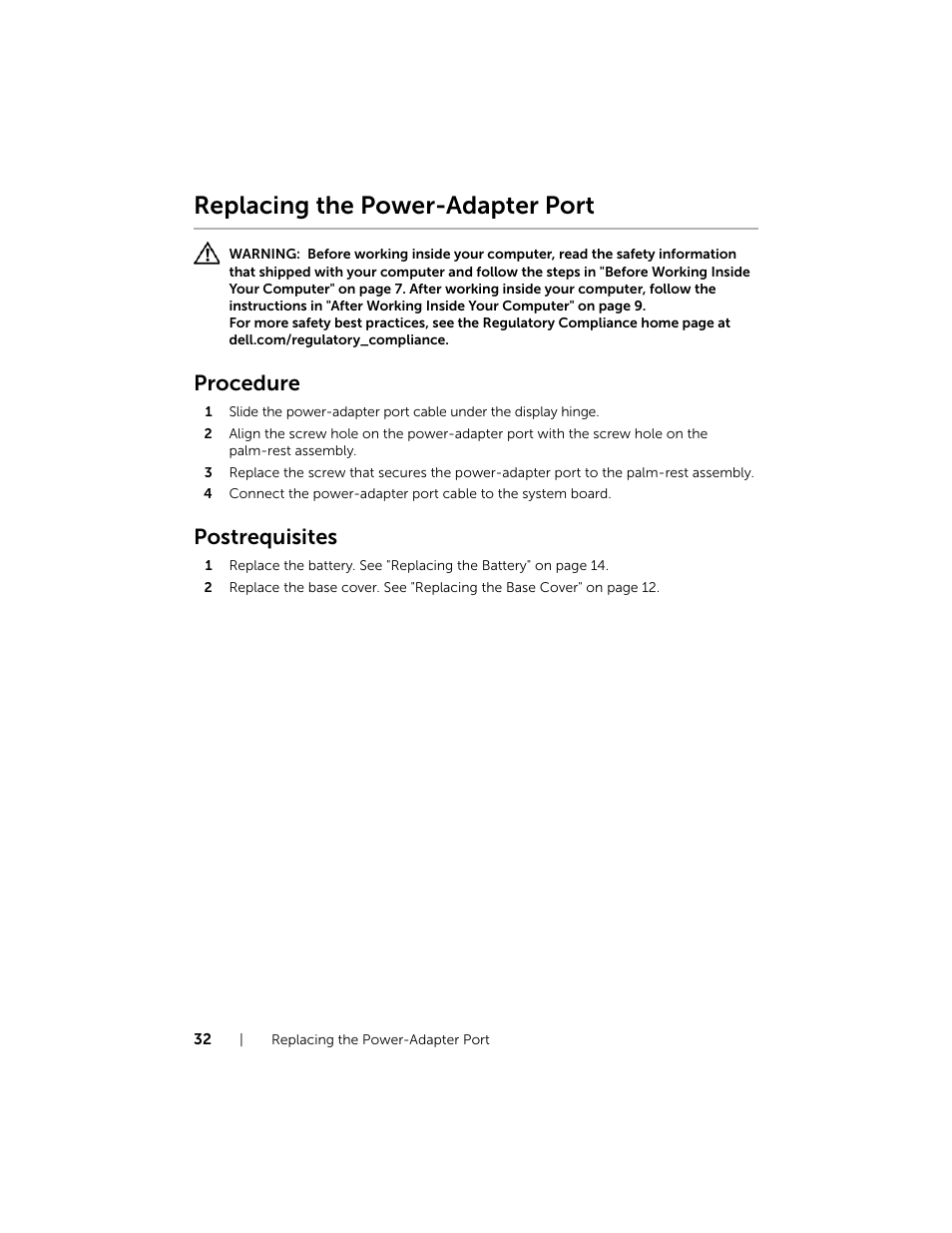 Replacing the power-adapter port, Procedure, Postrequisites | Dell XPS 12 (9Q33, Mid 2013) User Manual | Page 32 / 56
