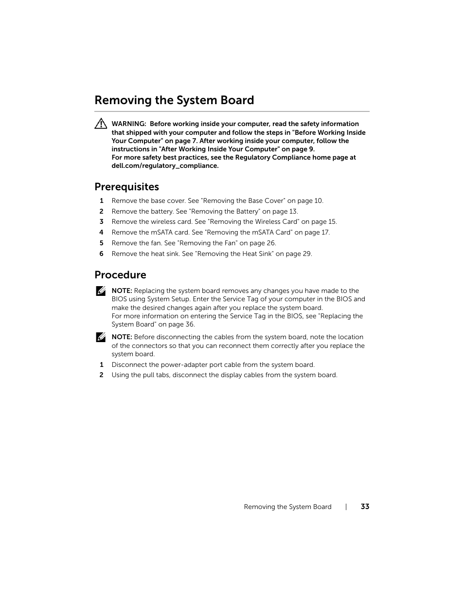 Removing the system board, Prerequisites, Procedure | Dell XPS 12 (9Q33, Mid 2013) User Manual | Page 33 / 56