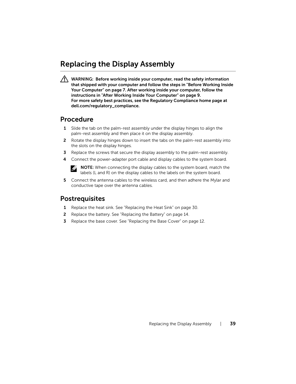 Replacing the display assembly, Procedure, Postrequisites | Dell XPS 12 (9Q33, Mid 2013) User Manual | Page 39 / 56