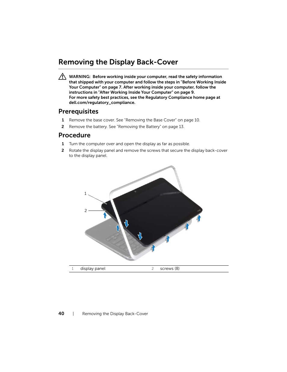 Removing the display back-cover, Prerequisites, Procedure | Dell XPS 12 (9Q33, Mid 2013) User Manual | Page 40 / 56