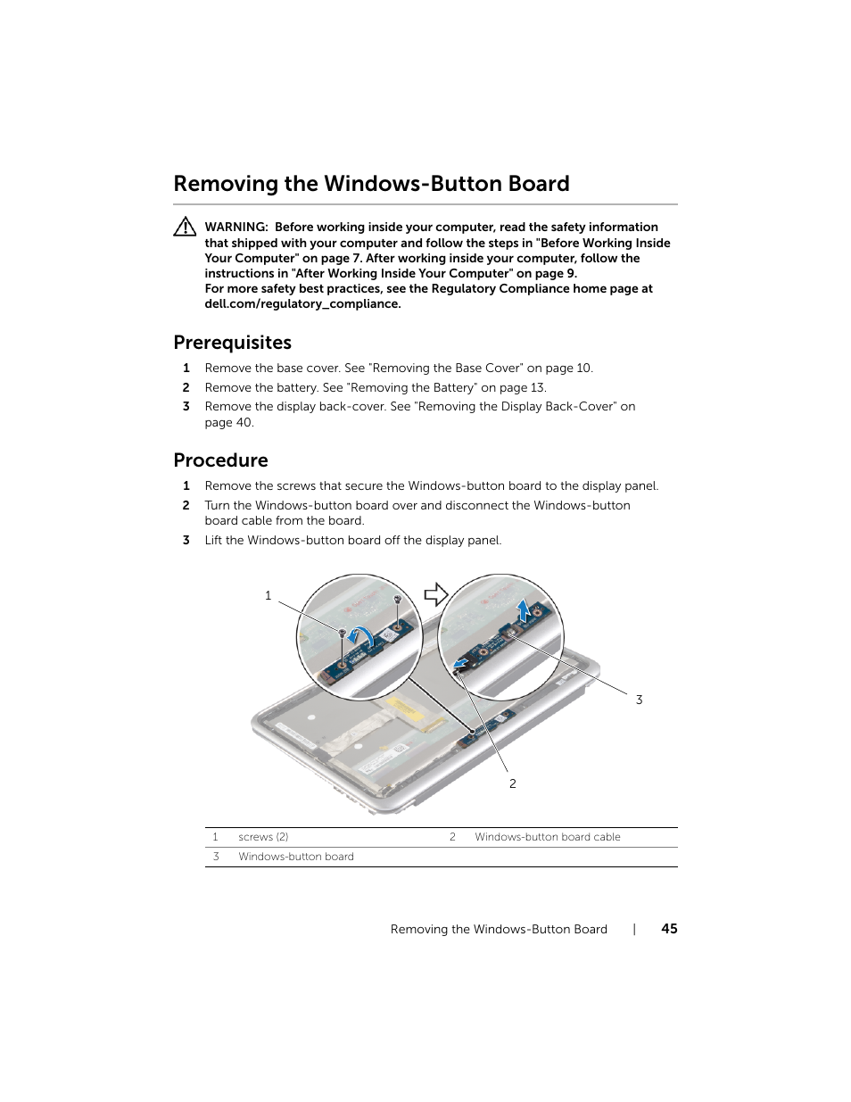 Removing the windows-button board, Prerequisites, Procedure | Dell XPS 12 (9Q33, Mid 2013) User Manual | Page 45 / 56