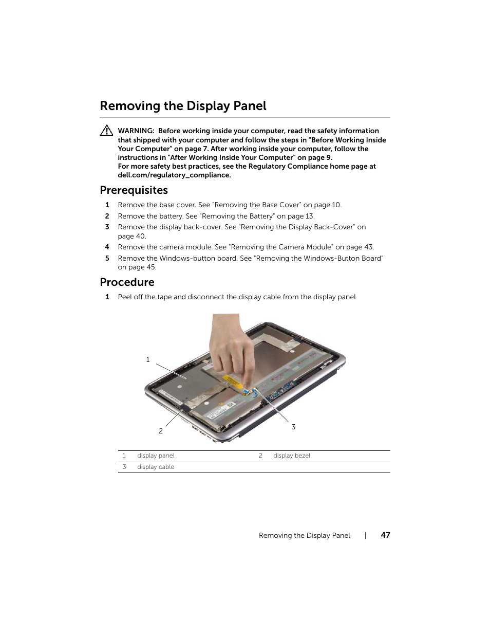 Removing the display panel, Prerequisites, Procedure | Dell XPS 12 (9Q33, Mid 2013) User Manual | Page 47 / 56