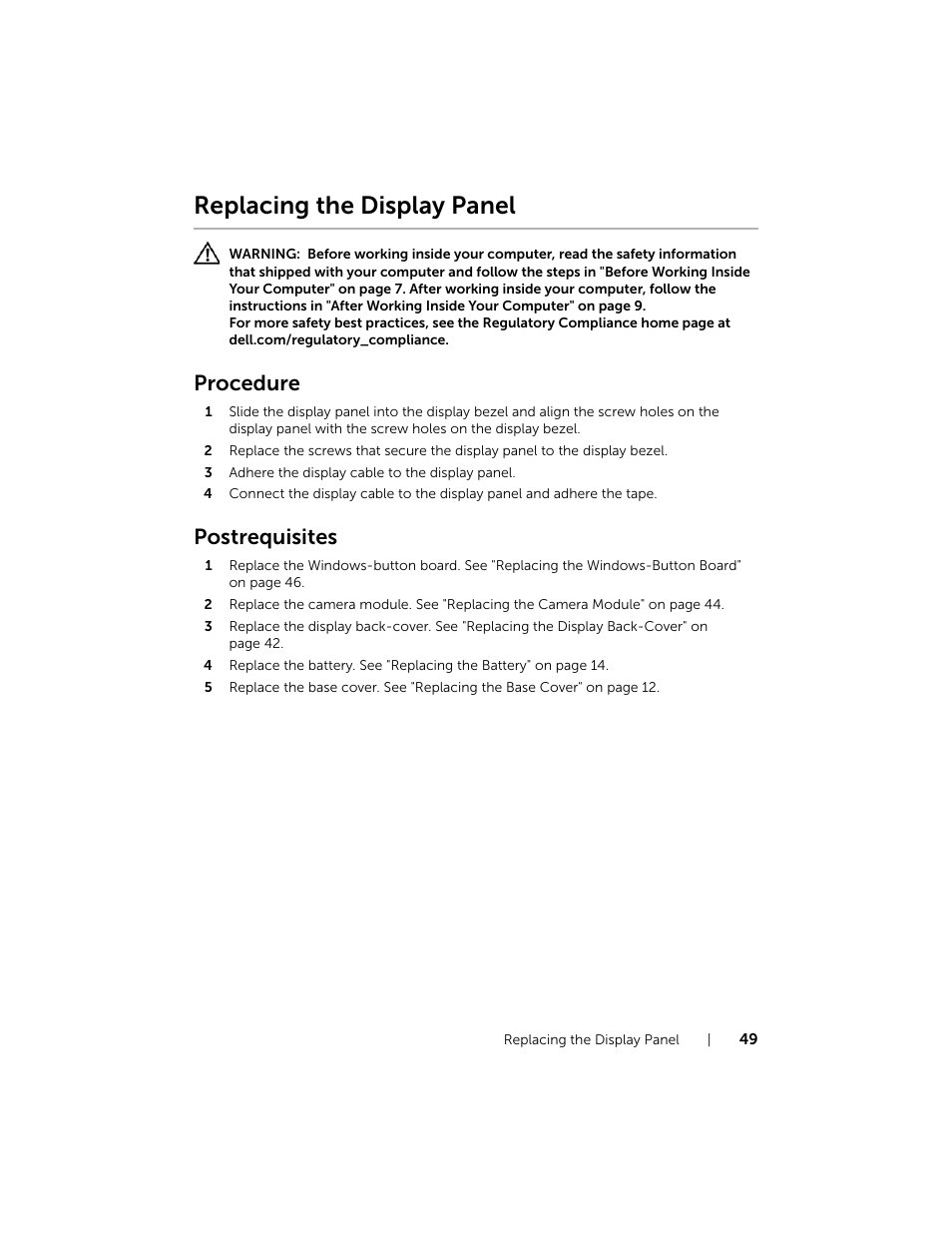 Replacing the display panel, Procedure, Postrequisites | Dell XPS 12 (9Q33, Mid 2013) User Manual | Page 49 / 56