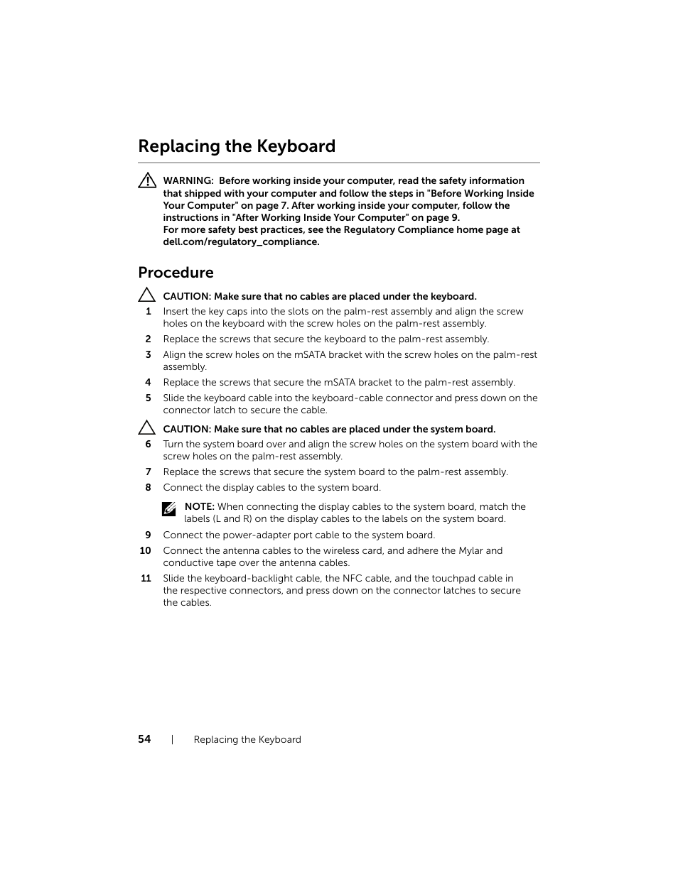 Replacing the keyboard, Procedure | Dell XPS 12 (9Q33, Mid 2013) User Manual | Page 54 / 56