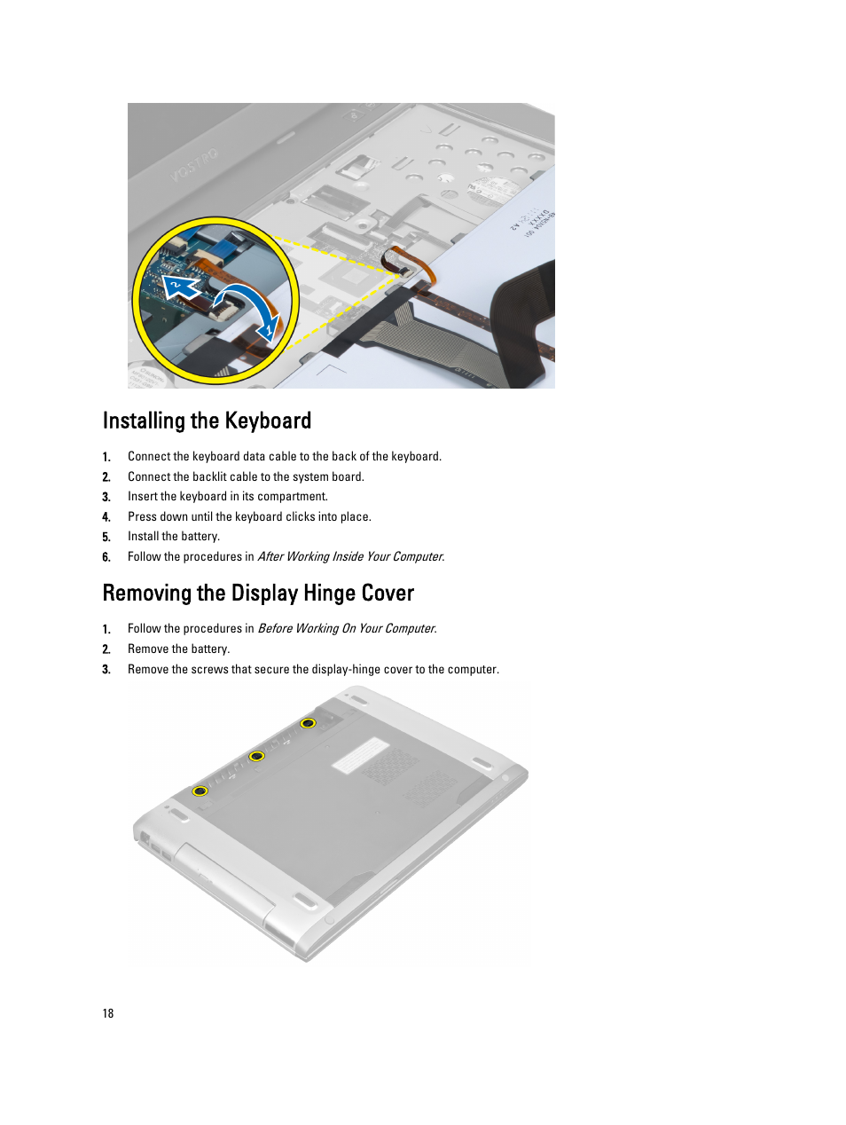 Installing the keyboard, Removing the display hinge cover | Dell Vostro 3560 (Early 2012) User Manual | Page 18 / 71