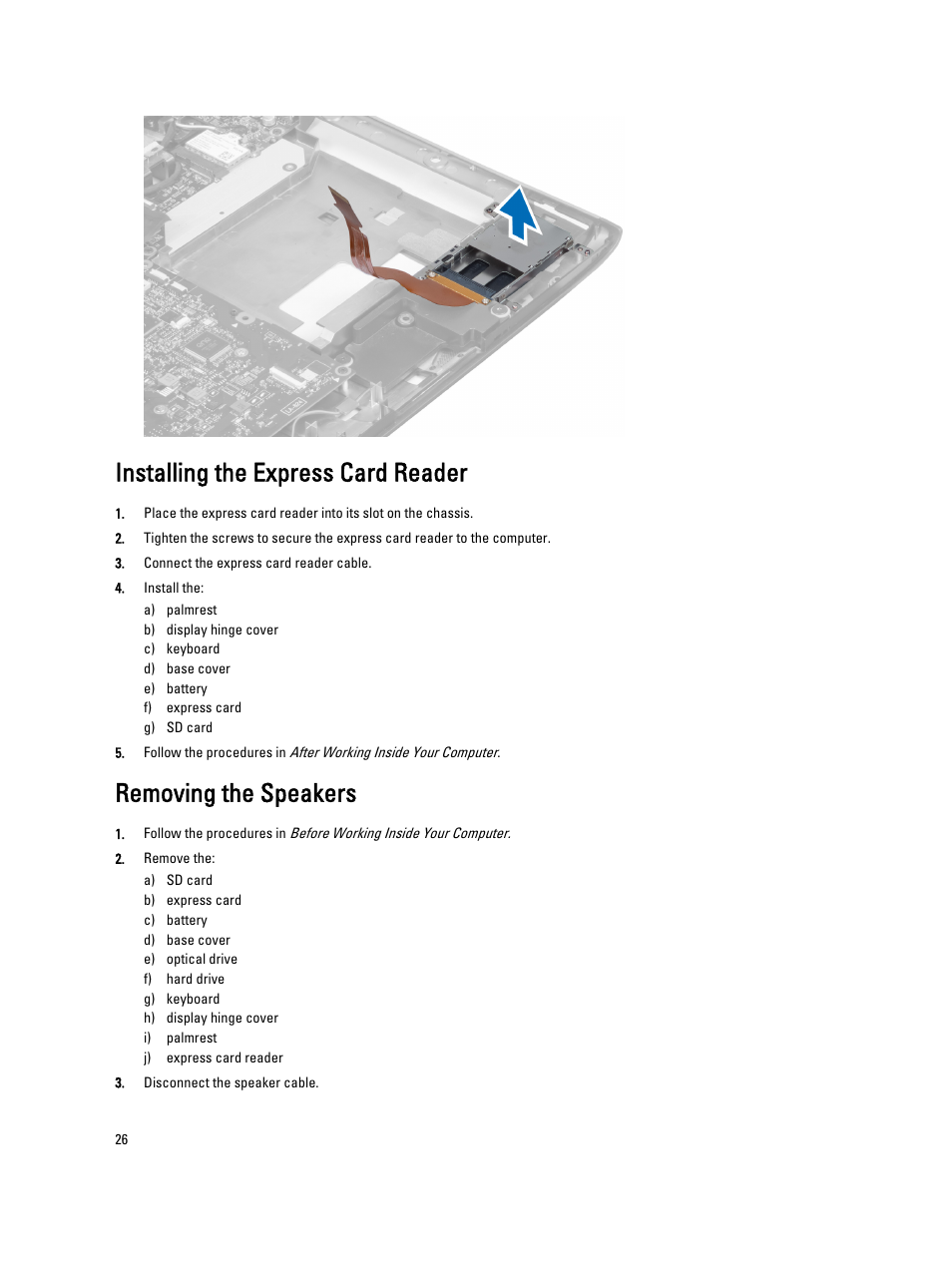 Installing the express card reader, Removing the speakers | Dell Vostro 3560 (Early 2012) User Manual | Page 26 / 71