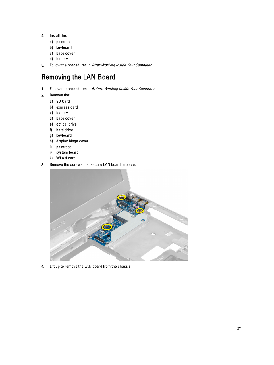 Removing the lan board | Dell Vostro 3560 (Early 2012) User Manual | Page 37 / 71