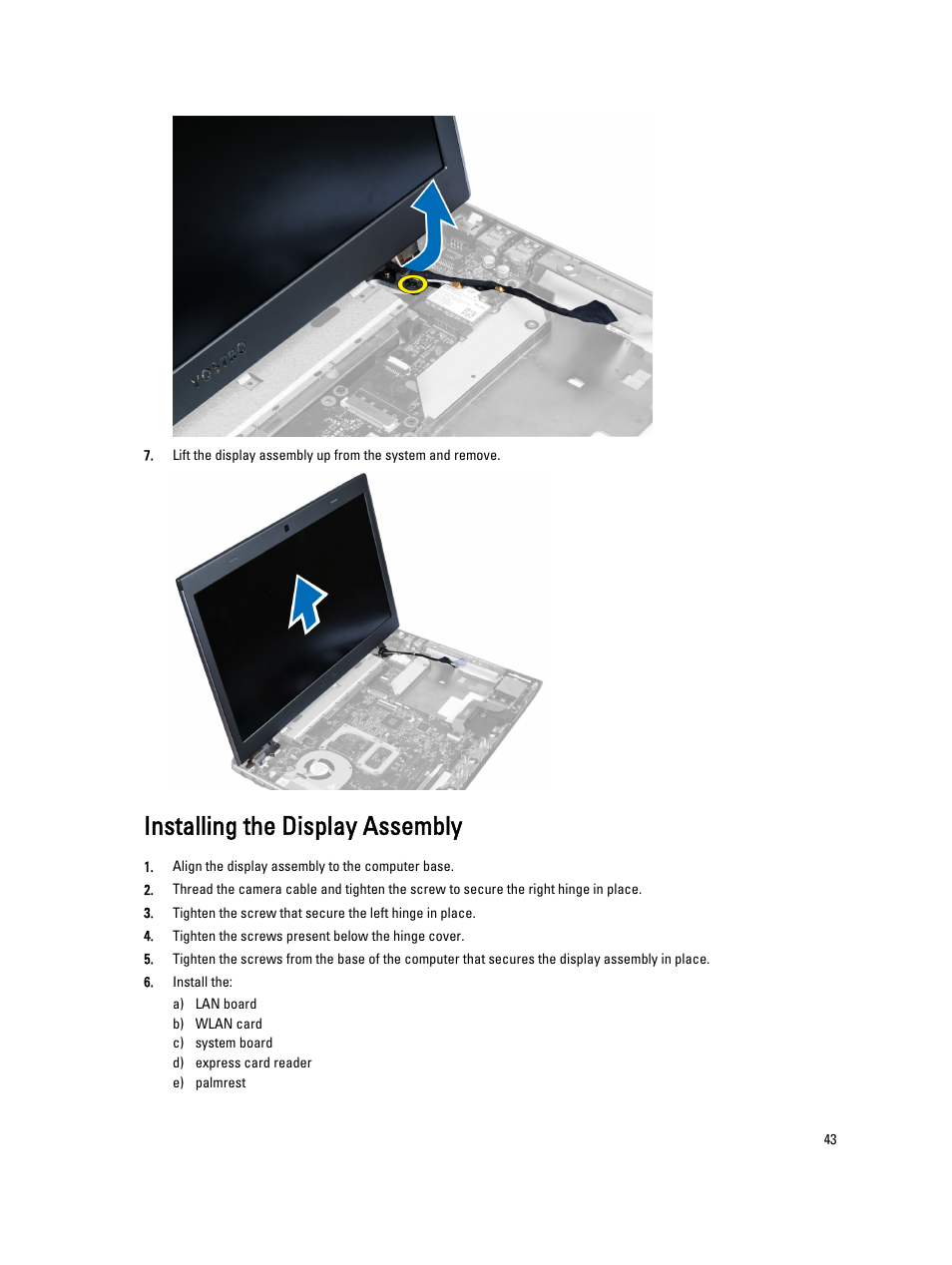 Installing the display assembly | Dell Vostro 3560 (Early 2012) User Manual | Page 43 / 71