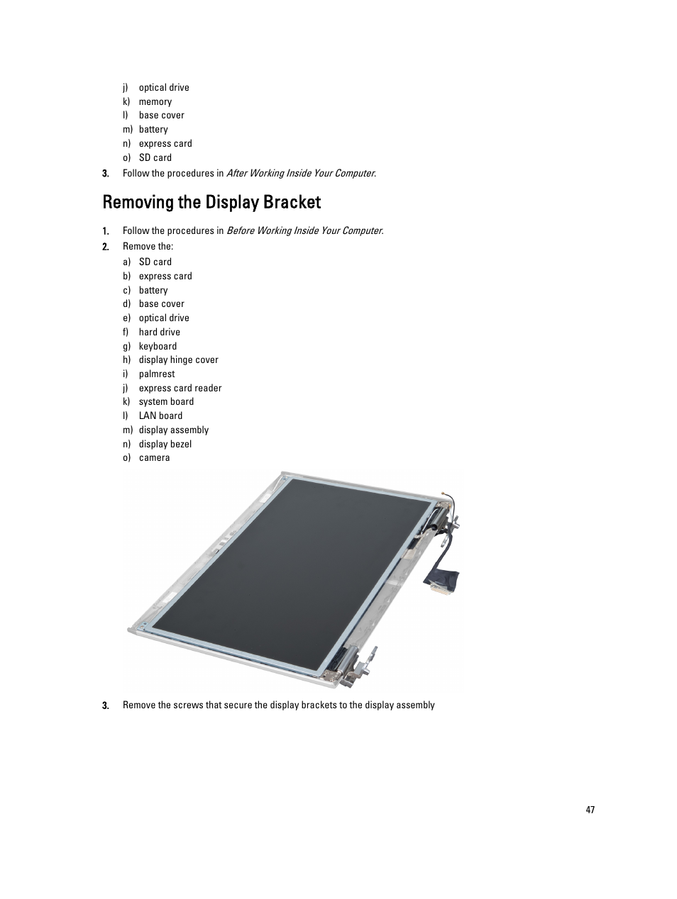 Removing the display bracket | Dell Vostro 3560 (Early 2012) User Manual | Page 47 / 71