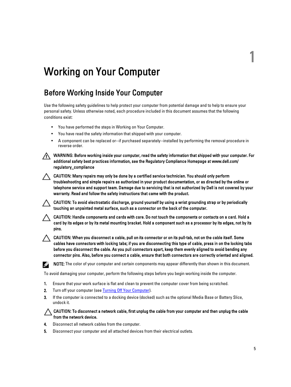 Working on your computer, Before working inside your computer, 1 working on your computer | Dell Vostro 3560 (Early 2012) User Manual | Page 5 / 71