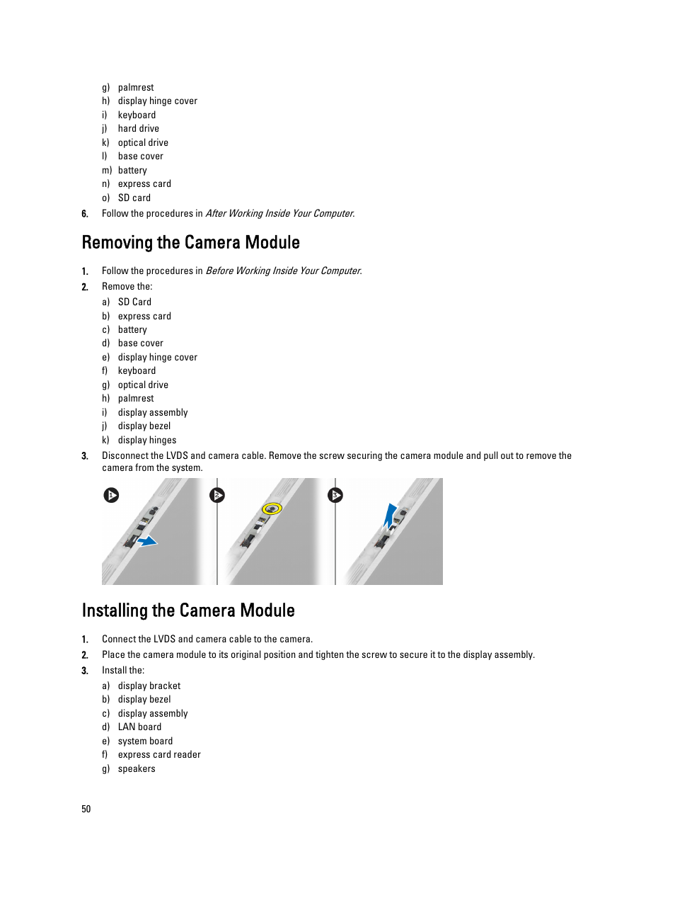 Removing the camera module, Installing the camera module | Dell Vostro 3560 (Early 2012) User Manual | Page 50 / 71