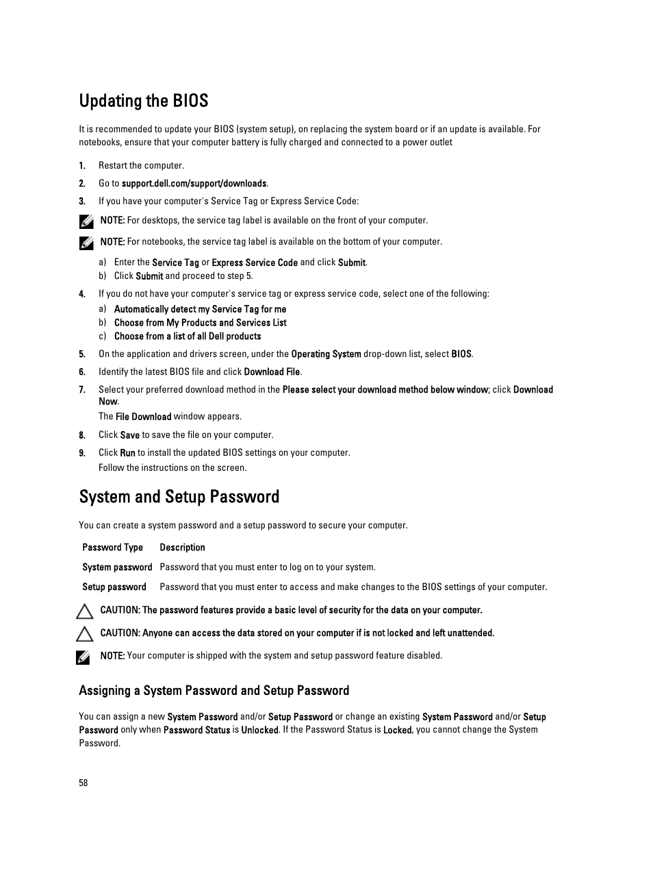 Updating the bios, System and setup password, Assigning a system password and setup password | Dell Vostro 3560 (Early 2012) User Manual | Page 58 / 71