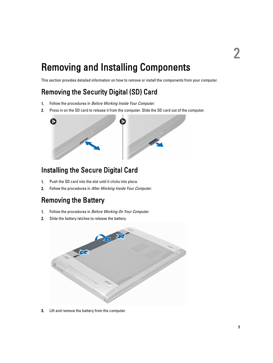 Removing and installing components, Removing the security digital (sd) card, Installing the secure digital card | Removing the battery, 2 removing and installing components | Dell Vostro 3560 (Early 2012) User Manual | Page 9 / 71