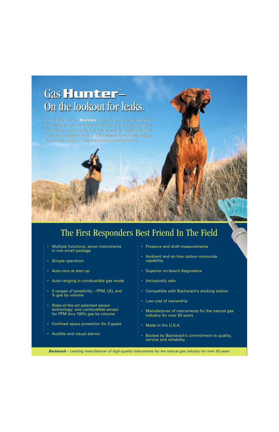 Gas hunter, On the lookout for leaks, The first responders best friend in the field | Bacharach Gas Leak Detection User Manual | Page 2 / 4
