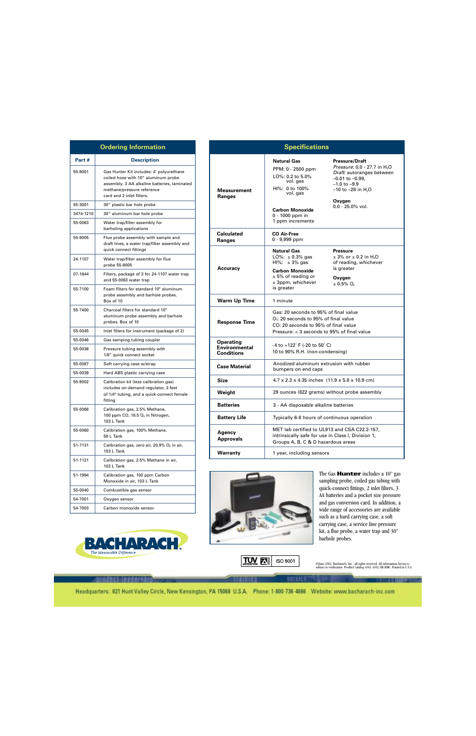 Specifications, Ordering information | Bacharach Gas Leak Detection User Manual | Page 4 / 4
