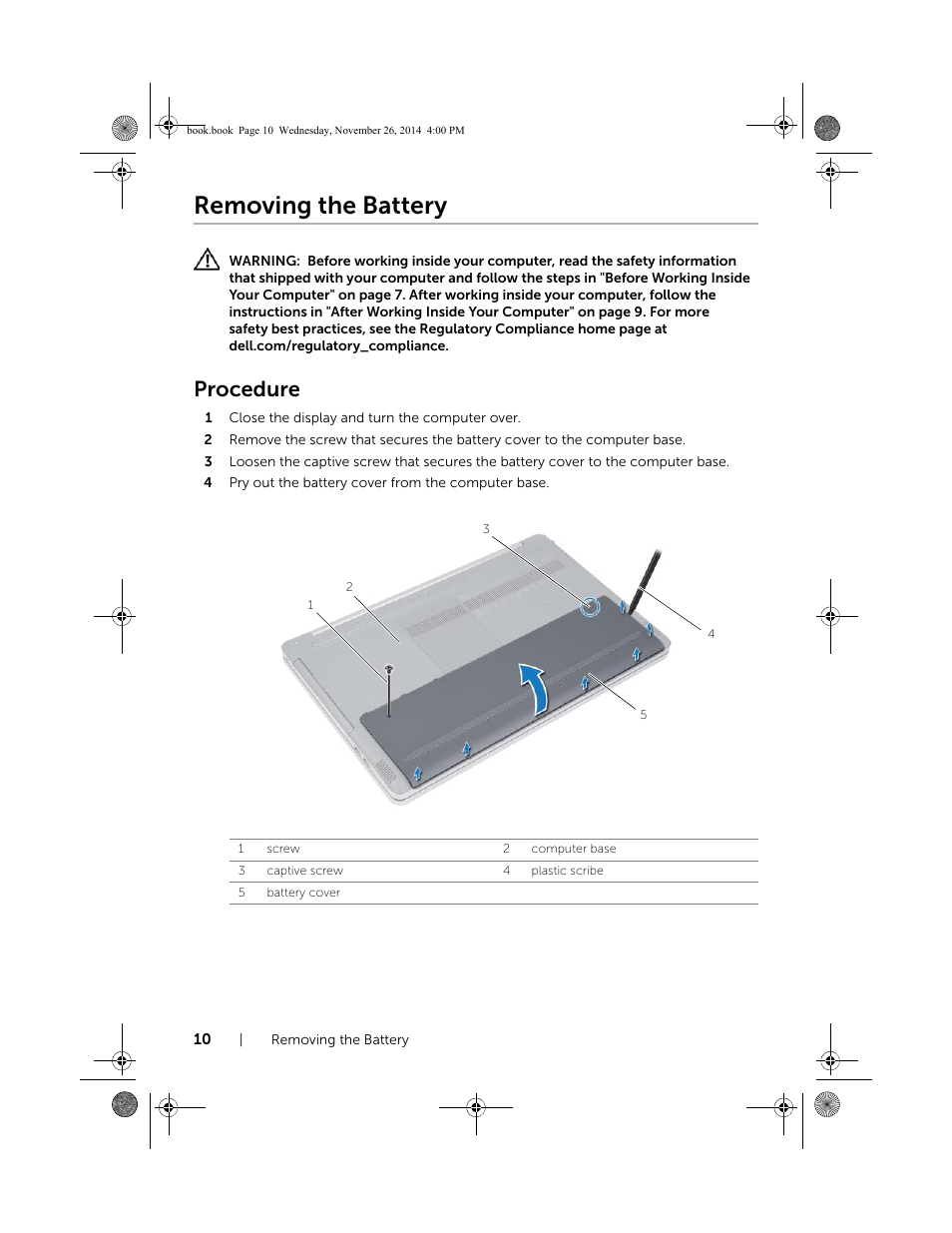 Removing the battery, Procedure | Dell Inspiron 17 (7746, Early 2015) User Manual | Page 10 / 61
