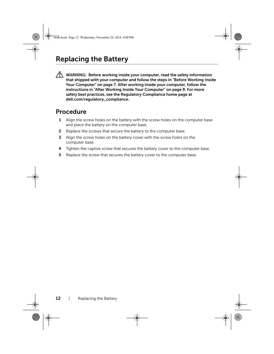 Replacing the battery, Procedure | Dell Inspiron 17 (7746, Early 2015) User Manual | Page 12 / 61