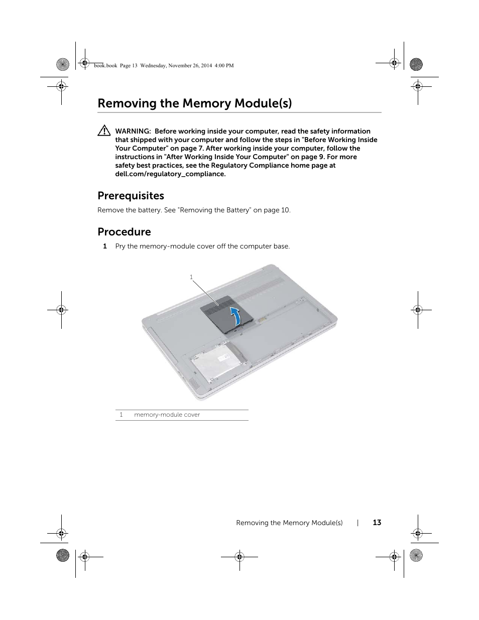 Removing the memory module(s), Prerequisites, Procedure | Dell Inspiron 17 (7746, Early 2015) User Manual | Page 13 / 61